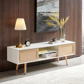 55.12 Rattan TV Cabinet, Double Sliding Doors For Storage,  Adjustable Shelf, Solid Wood Legs, TV Console For Living Room , White (Option: White)